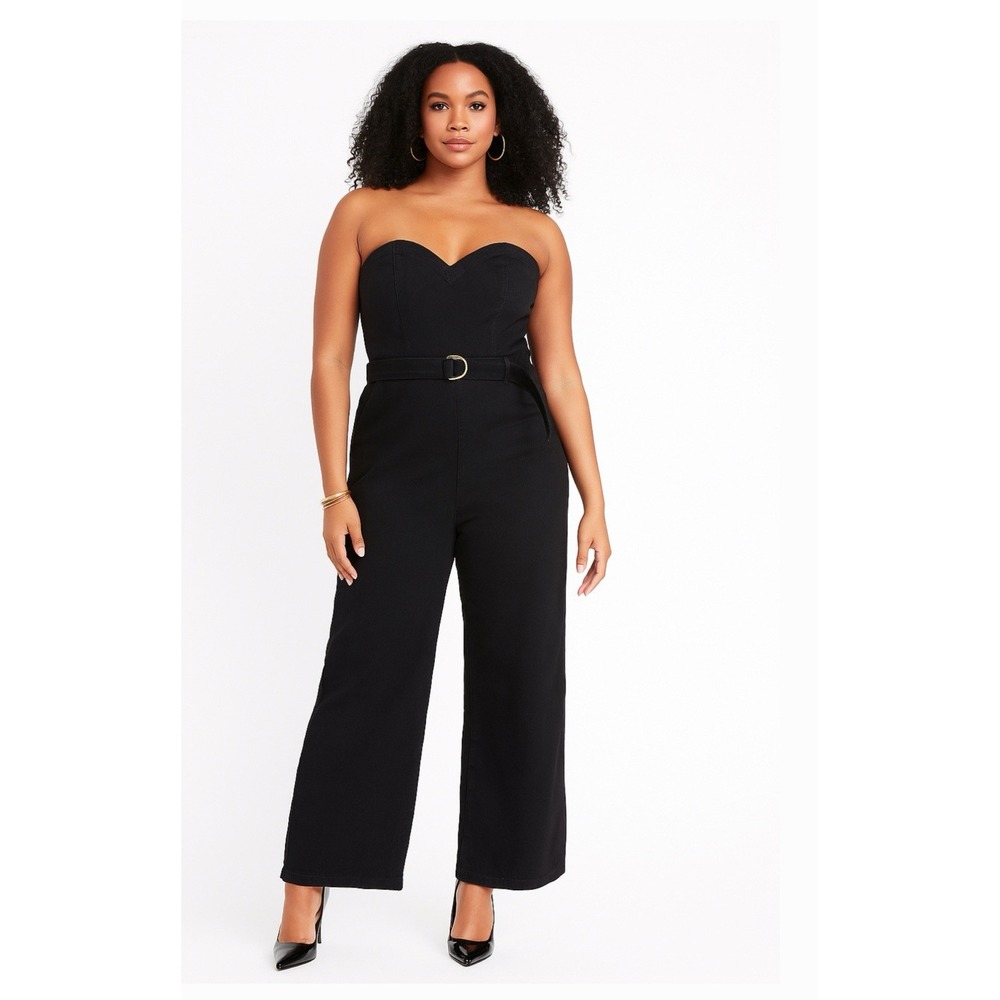 Nasty Gal Black Denim‎ Strapless Sweetheart Wide Leg Jumpsuit with Belt Size 8